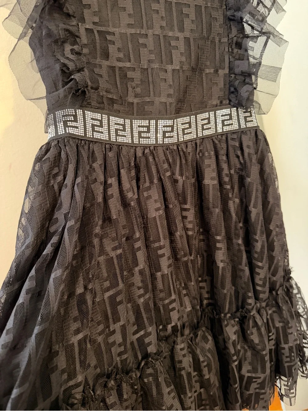 Black Ruffle Tulle Kids Dress with Decorative Waistband